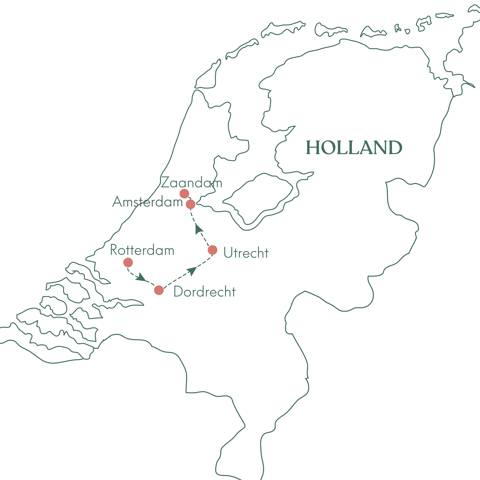 Kort over Vitus Rejser Nytaarskrydstogt i Holland 2025.